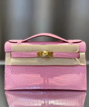 에르메스 켈리 포쉐트 핑크 금장 악어가죽